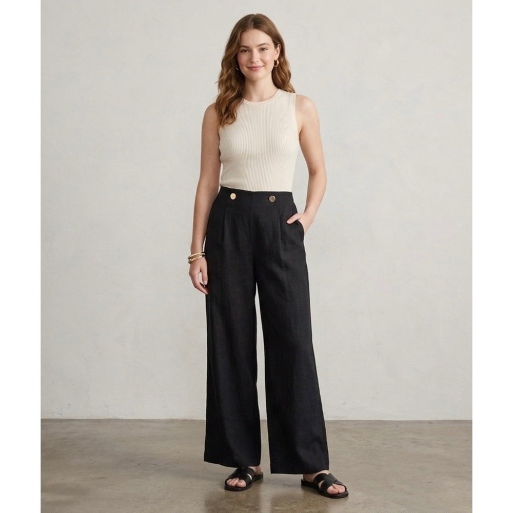 MANGO MNG Black Wide Leg High Rise Gold Button Trousers Pants Small 27312 Woman